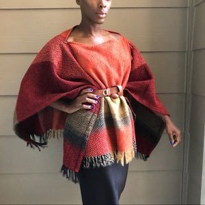 Plaid Red Tan Black Wool Cape